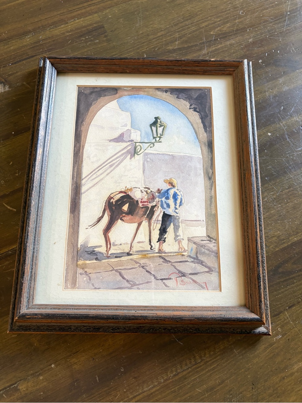 Vintage Water Color Framed Art Piece Scenic Painting Walking Man with Donkey